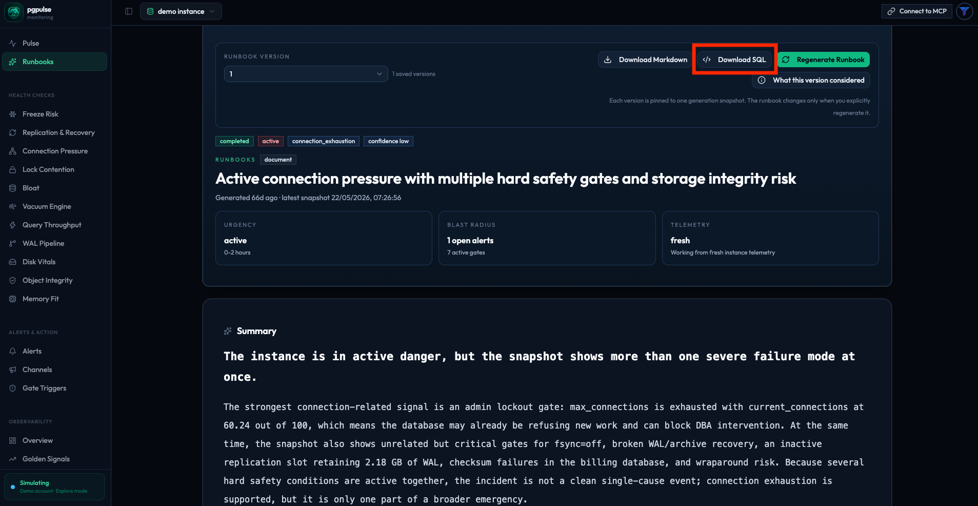 pgpulse incident runbook page with SQL download action