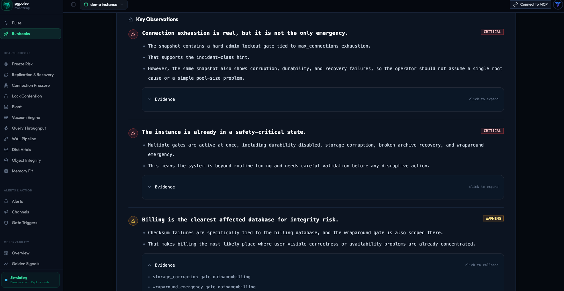 Runbook key observations screen with critical incident findings