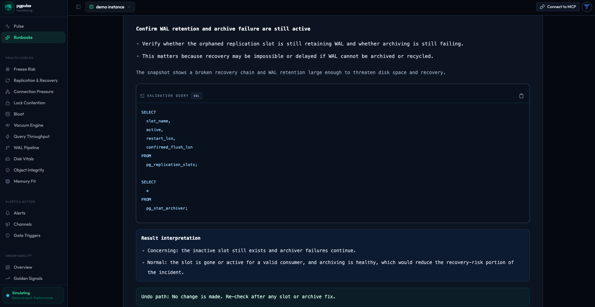 Runbook validation query view with SQL and interpretation guidance