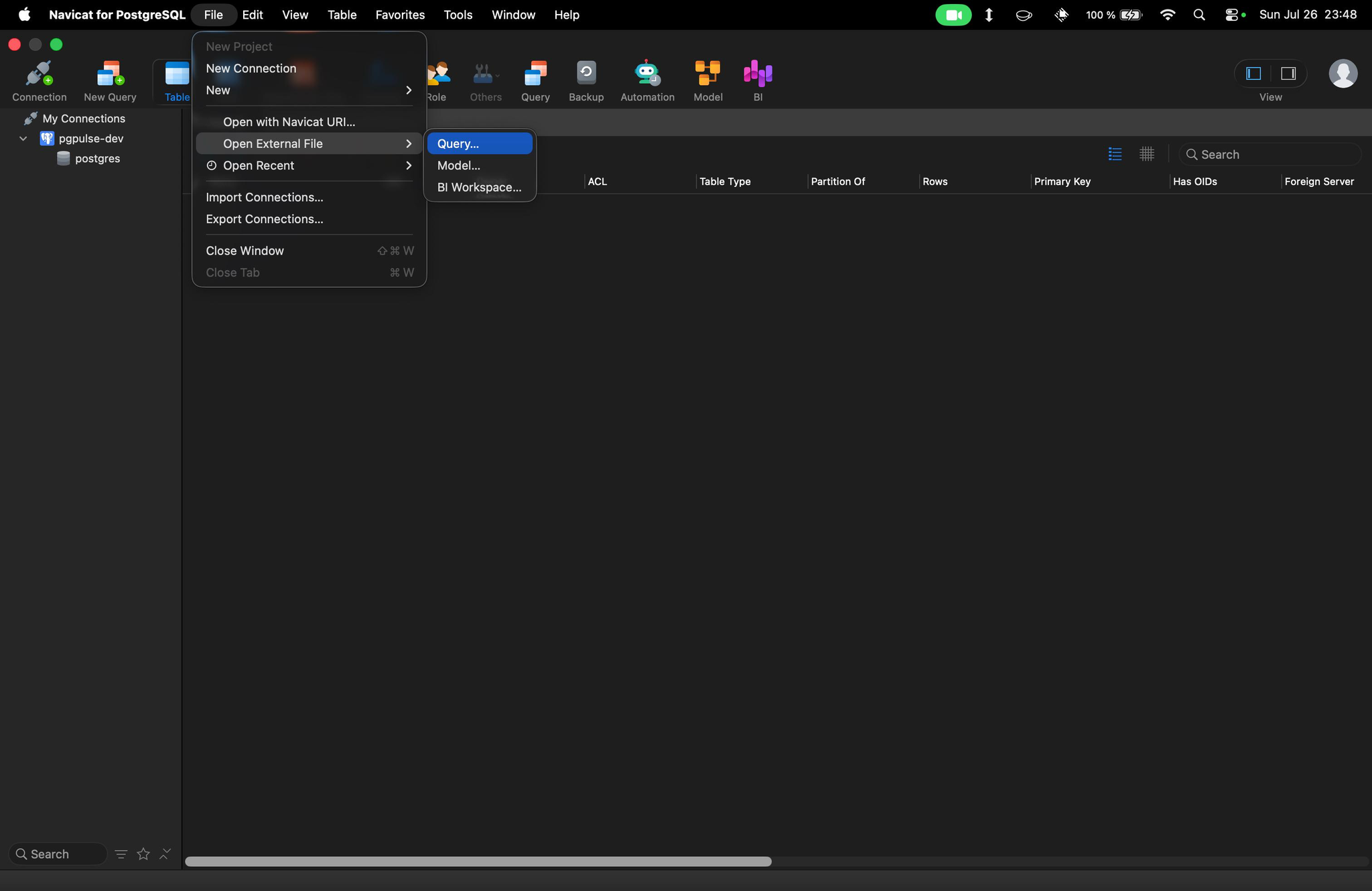 Navicat opening a new query window for the incident response bundle