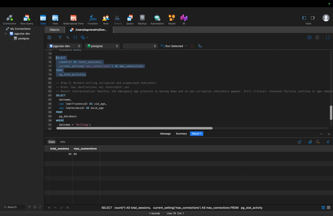 Navicat query editor stepping through response-bundle validation queries